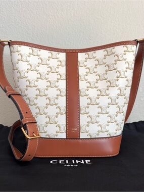 CELINE Small Triomphe Canvas & Calfskin Leather  Bucket Crossbody Bag